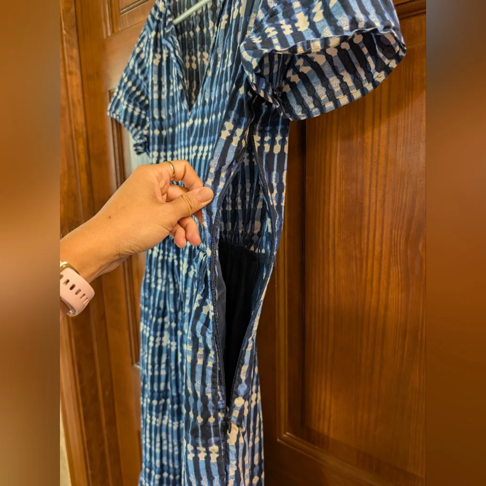 J Crew Factory Tie Dye Blue White Tiered Midi Dress 100% Cotton Pocket Sz 6 Belt - Picture 10 of 16